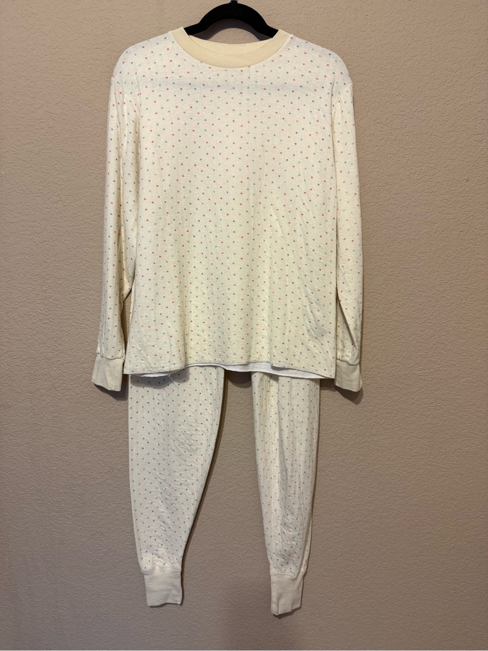 Vintage L.L. Bean Base layer Pajamas Women L Cream Yellow Heart Wool Blend USA